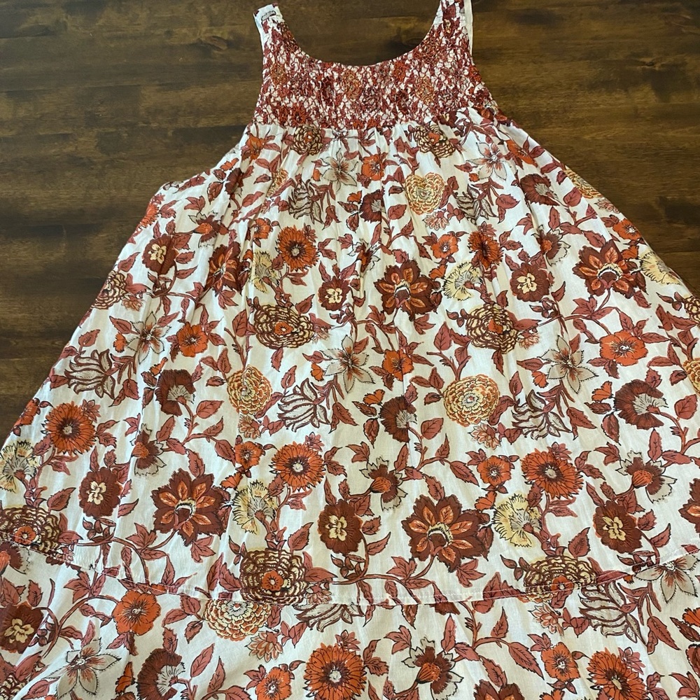 Women’s Free People Brown Orange Floral Dress Smocked A Line Size Large